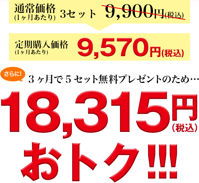 通常価格3セット9,900円(税込)→9,570円(税込) さらに!3ヶ月で5セット無料プレゼントのため…18,315円おトク!!!